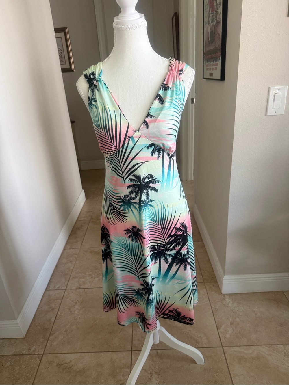 Tropical Palm V-Neck knit Dress - Mint & Pink